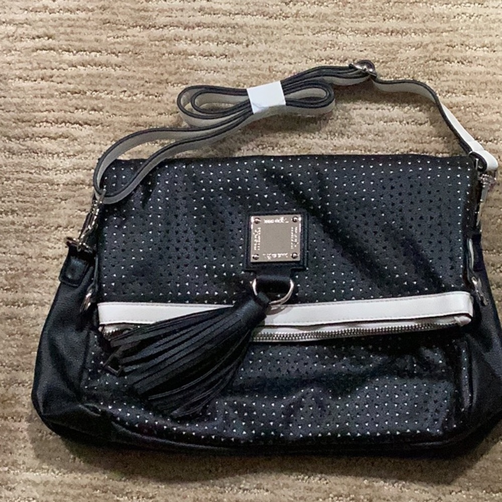 Avon Mark Black And White Purse Bag Crossbody Medium Size Pink Lining EUC